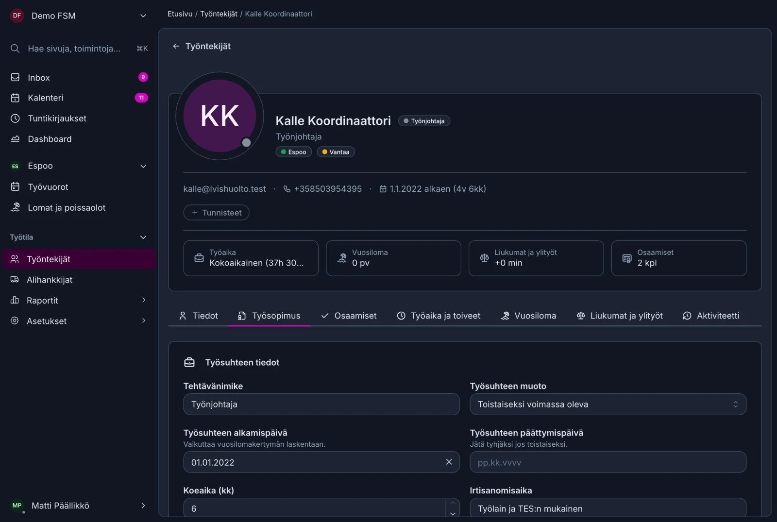 Smoven näkymä työntekijän työsopimuksen tietoihin